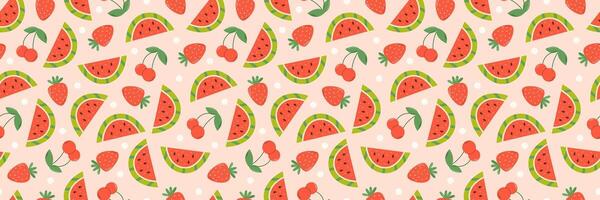 vattenmelon skivor, jordgubb och körsbär. sommar sömlös mönster vektor