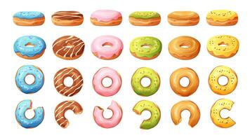 Sammlung von köstlich Karikatur Donuts mit Glasur im anders Wendungen und wendet sich. Krapfen Seite Sicht, gedreht, oben Sicht, beißen aus. Illustration vektor