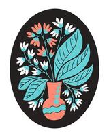 Jahrgang Blumen- Oval Komposition mit abstrakt Blumen im Vase auf schwarz Hintergrund. eben Hand gezeichnet botanisch Komposition im Druckgrafik Technik mit Grunge Textur. Ideal zum Zuhause Dekor vektor