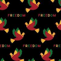 sömlös mönster med fåglar och ord frihet i traditionell afrikansk färger. juni frihet dag begrepp. hand dragen duva som symbol av frihet och fred. mörk tema. vektor
