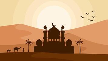 platt landskap illustration av moské silhuett i de sand öken- vektor