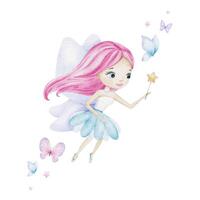 söt liten fe- med en magi wand och ljus blå vingar. isolerat vattenfärg illustration. för barn varor, kläder, vykort, bebis dusch och barns rum vektor