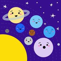 Solar- System mit süß Kinder Planeten Figuren, Erde, Sonne, Quecksilber, Venus, Mars, Jupiter, Saturn, Uranus, Neptun, Pluto, anders Gesicht Emotionen. vektor