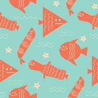 sömlös mönster med tecknad serie röd geometrisk fisk och manet på en blå bakgrund vektor