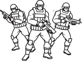 Soldaten mit Waffen. schwarz und Weiß Karikatur Illustration. vektor