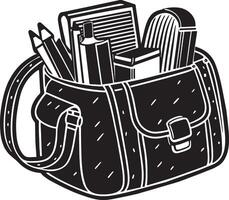 Schule Tasche mit Bücher und Bleistifte. schwarz und Weiß Illustration. vektor