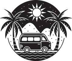 semester husbil skåpbil med palmer och Sol illustration design vektor