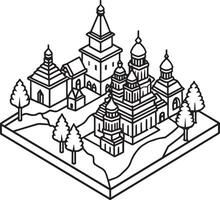 isolerat medeltida slott. illustration av en medeltida slott med torn. vektor