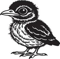 söt liten fågel - svart och vit tecknad serie illustration, vektor