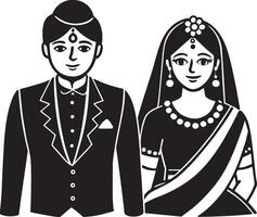 indisk par i traditionell indisk kläder. svart och vit illustration. vektor