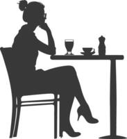 silhuett kvinna Sammanträde på en tabell i de Kafé bar restaurang svart Färg endast vektor