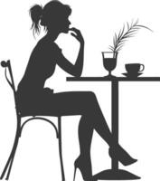 silhuett kvinna Sammanträde på en tabell i de Kafé bar restaurang svart Färg endast vektor