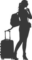 silhuett kvinna reser med resväska svart Färg endast vektor