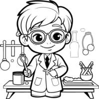 svart och vit tecknad serie illustration av unge pojke forskare karaktär i vetenskap laboratorium vektor