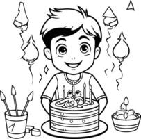Färbung Buch zum Kinder Junge mit Kuchen und Kerzen. Illustration. vektor