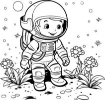 Färbung Buch zum Kinder Astronaut im das Feld von Blumen vektor