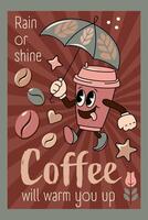 retro Poster Kaffee Tasse groovig mit Regenschirm vektor
