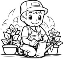 schwarz und Weiß Karikatur Illustration von süß Gärtner Junge Charakter Bewässerung Pflanzen vektor