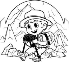 turist pojke i en hatt med en ryggsäck och en kamera. illustration. vektor