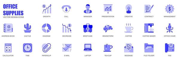kontor leveranser begrepp av webb ikoner uppsättning i enkel platt design. packa av tillväxt, ringa upp, chef, presentation, avtal, adress bok, dokumentera, diagram och Övrig. blå piktogram för mobil app vektor