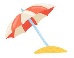 Strand Regenschirm im eben Design. Sommer- Sonnenschirm gestreift Sonnenschirm im Sand. Illustration isoliert. vektor