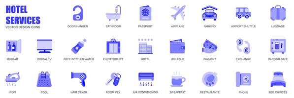 Hotel Dienstleistungen Konzept von Netz Symbole einstellen im einfach eben Design. Pack von Tür Aufhänger, Badezimmer, Reisepass, Flugzeug, Parken, Flughafen pendeln, Gepäck und andere. Blau Piktogramme zum Handy, Mobiltelefon App vektor