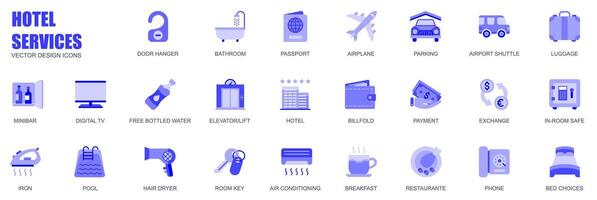 hotell tjänster begrepp av webb ikoner uppsättning i enkel platt design. packa av dörr galge, badrum, pass, flygplan, parkering, flygplats skyttel, bagage och Övrig. blå piktogram för mobil app vektor