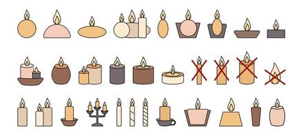 einstellen Kerzen Farbe Symbole. Kerzen Symbol rechteckig, runden, Trapez. gekreuzt aus Kerze. vektor