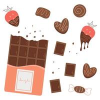 einstellen von Pralinen, Schokolade Bar, Herz geformt Schokolade, Schokolade bedeckt Erdbeeren, Schokolade Clip Art vektor