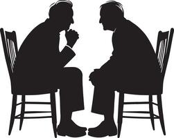 zwei Alten Menschen Sitzung auf ein Stuhl und klatschen zusammen Clip Art Silhouette im schwarz Farbe. ältere freunde Illustration Vorlage vektor