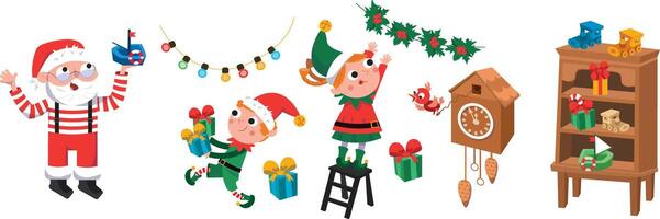 süß Santa und Elf machen die Geschenke zum Kinder. Santa claus Werkstatt. Winter Weihnachten Feiertage. Illustrationen für Design. vektor
