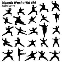 uppsättning av kung Fu wushu tai chi silhuetter vektor