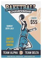 basket mästerskapsturnering vintage affisch flyer broschyr designmall med vintage illustration av spelaren gör dunk vektor