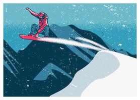 Snowboarder fliegt auf dem Schnee mit Berghintergrund-Vintage-Plakatschablone vektor