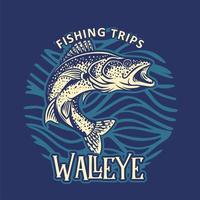 walleye fiskeresor t-shirt design vintage retro vatten prydnad vektor