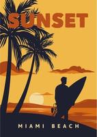 Sonnenuntergang Miami Beach Poster Illustration Surfen Vintage Retro-Stil vektor