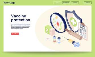 vaccin skydd webbsida vektor mall med isometrisk illustration. vaccinationsjournaler, injektionsflaska, spruta, virus. immuniseringsklinik. webbgränssnittsdesign. webbsida, mobilapp 3d-koncept
