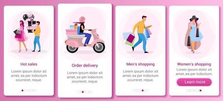 Bildschirmvorlage für das Onboarding der mobilen App für Shopping und Einzelhandel. heiße verkäufe, rabatte. Einkäufe tätigen. Walkthrough-Website-Schritte mit flachen Zeichen. ux, ui, gui Smartphone-Cartoon-Schnittstellenkonzept vektor