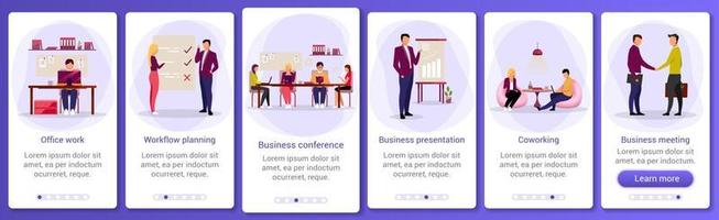 affärsindustrin onboarding mobil app skärmmall. kontorsarbete, arbetsflöde, coworking. affärspresentation. genomgång av webbplatssteg med platta tecken. ux, ui smartphone tecknade gränssnitt vektor