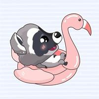 süße Waschbär kawaii Zeichentrickfigur. Entzückendes und lustiges Tier mit rosa Flamingo-Schwimmring isolierter Aufkleber, Patch. Anime Baby lächelnd und glücklicher Waschbär auf Ruhe, Resort Emoji auf blauem Hintergrund vektor