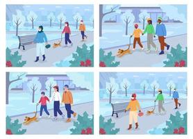 Spaziergang im Winterpark flacher Farbvektor-Illustrationssatz. Familie, die Zeit miteinander verbringt. Frauen, Mann mit Gesichtsmasken. Menschen in warmen Mänteln 2D-Zeichentrickfiguren mit Landschaft auf Hintergrundsammlung vektor