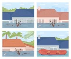 Überschwemmungen in städtischen Gebieten flache Farbvektorillustrationen eingestellt. extremes Wetter. Gebäudestrukturen umgeben von Wasser 2D-Cartoon-Stadtansichten-Sammlung mit städtischer Umgebung im Hintergrund vektor