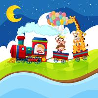 Barn och djur som åker på tåget på natten vektor