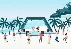 Strandparty flache Vektor-Illustration. Live-Auftritt unter freiem Himmel. Rock, Popmusiker-Konzert im Park, Camp. Konzert am Ufer der tropischen Insel. tanzende Urlauber, Touristen Zeichentrickfiguren vektor