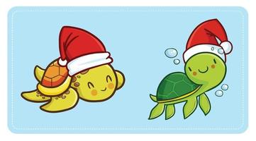 söta sköldpaddor som bär tomtehatt till jul vektor