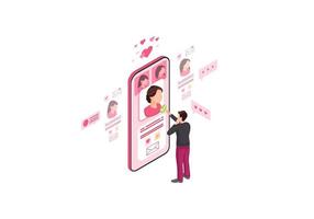 Online-Dating isometrische Farbvektorillustration. männliches Kommissionierdatum auf rosa Bildschirminfografik. Personen Social Media Profil 3D-Konzept. Matchmaking, Liken der Webseite, mobiles App-Design vektor