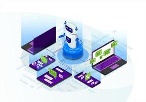 chatbot isometrisk vektorillustration. chattbot tar emot klientmeddelanden, förfrågningar. framtida marknadsföring. lärarbot. webbplatshjälp. kundservice infografisk. iot 3d-koncept. mobilappdesign vektor