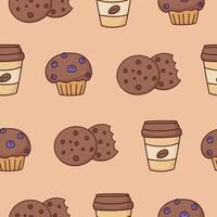 Dessert und Kaffee nahtlos Muster, Muffin mit Beeren, Kaffee Tasse, Plätzchen, Keks, Hand gezeichnet bunt Design, wiederholen Illustration zum drucken, Verpackung Papier, Hintergründe und Mehr vektor