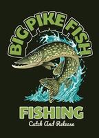 groß Pike Fisch Jahrgang T-Shirt Illustration vektor