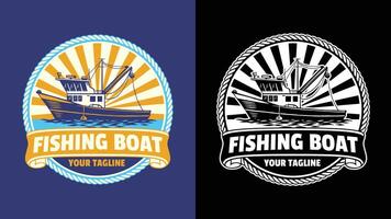 fiske båt bricka logotyp design årgång vektor